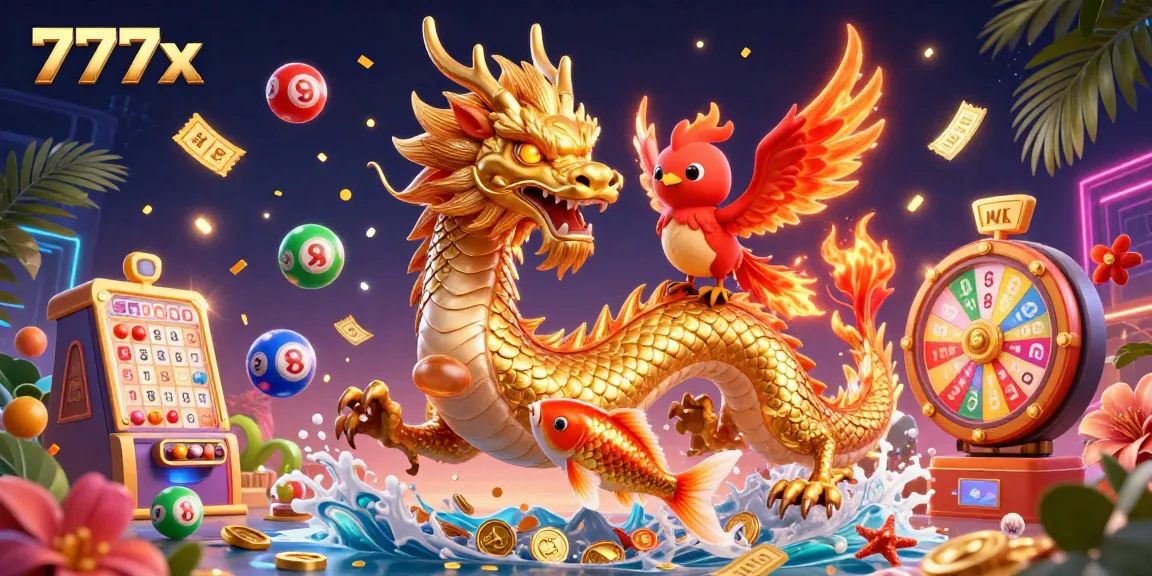 Engage with the 777x lively casino scene featuring a golden dragon and colorful lottery elements.