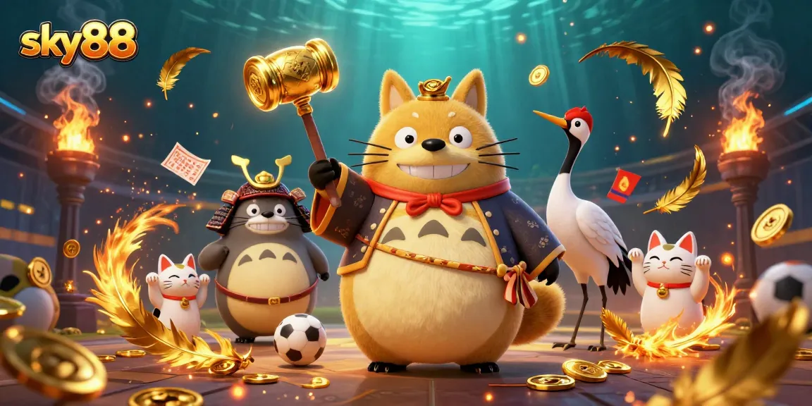 Bet on sky88 with vibrant cartoon characters celebrating sports gaming success in a lively online casino atmosphere.