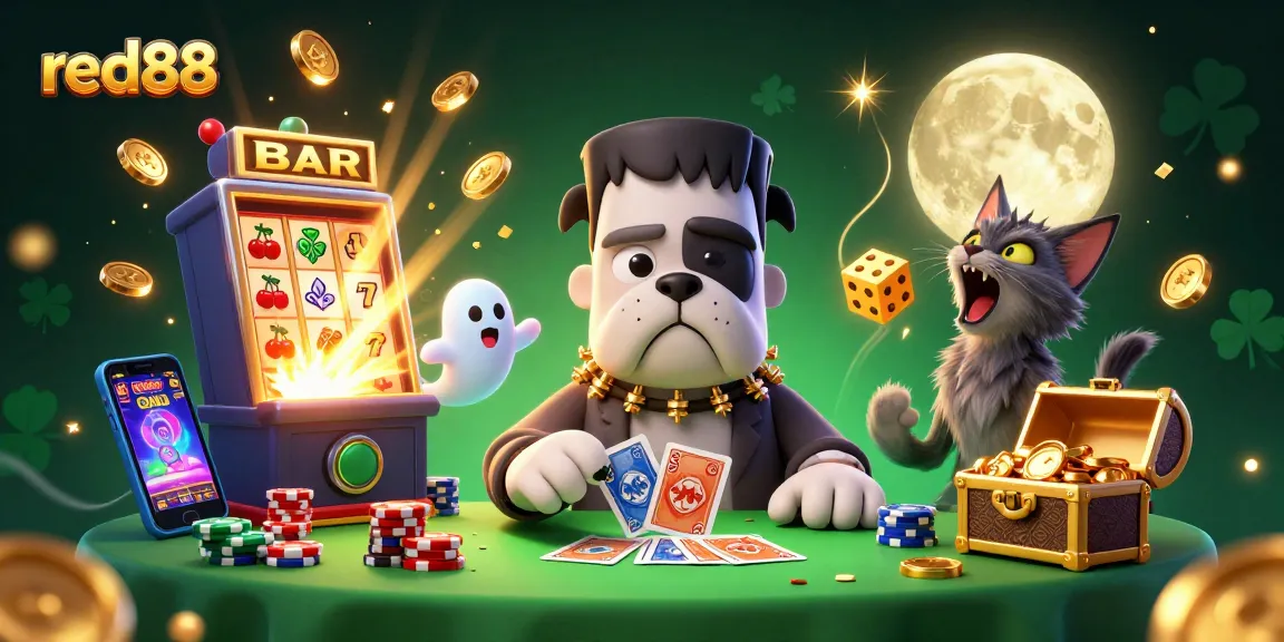 Experience red88's thrilling casino atmosphere with a whimsical 3D monster card dealer.