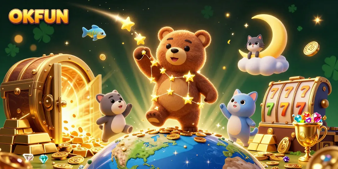 OKFUN reveals treasure and excitement with dazzling slot reels and golden elements in this stunning casino scene.
