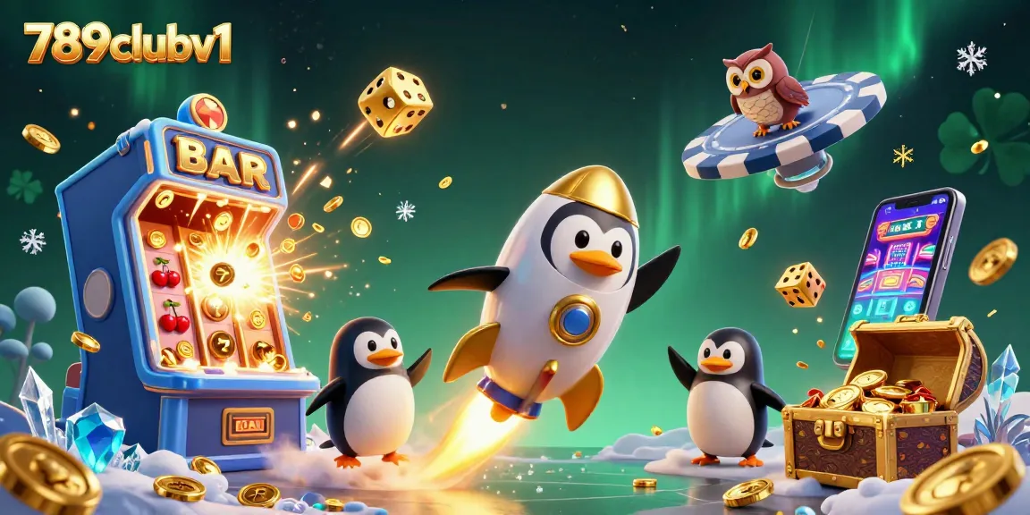 Engage with 789clubv1 as a golden penguin navigates a vibrant casino-themed universe.